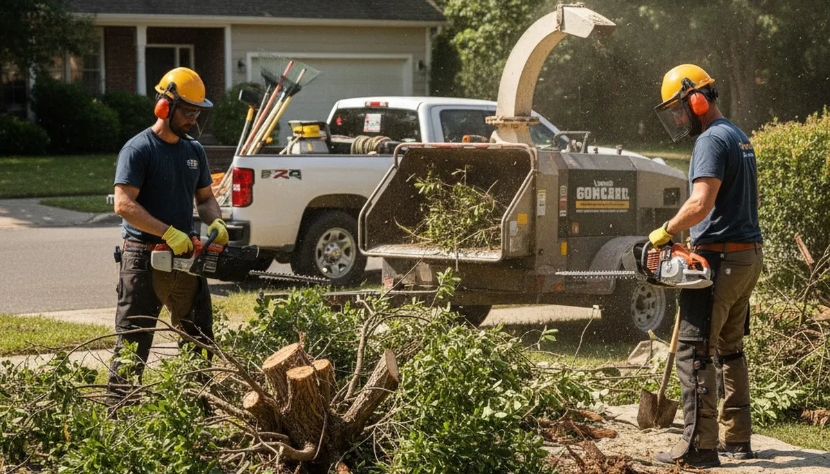 Salisbury, MD crew removing overgrown shrubs in a tight yard for safe, efficient shrub removal