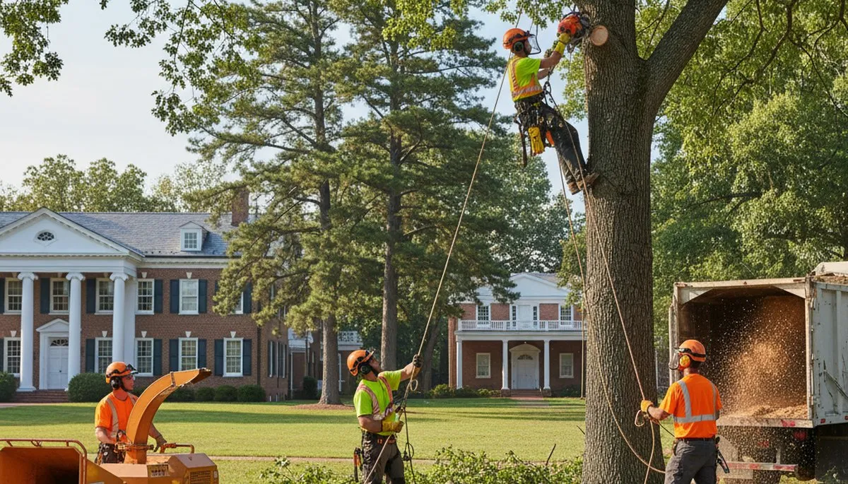 Tree service crew removing a tree in Salisbury, MD for safe residential property clearance