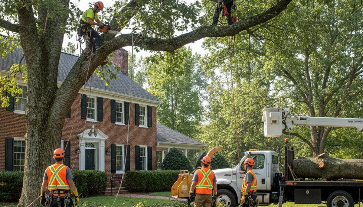Professional tree service crew in Salisbury, MD removing a tree with equipment
